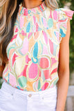 Ruffled Printed Mock Neck Cap Sleeve Blouse Trendsi