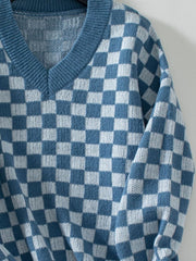 Checkered V-Neck Dropped Shoulder Sweater - Trendsi