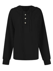 Drawstring Quarter Button Long Sleeve Hoodie - Trendsi