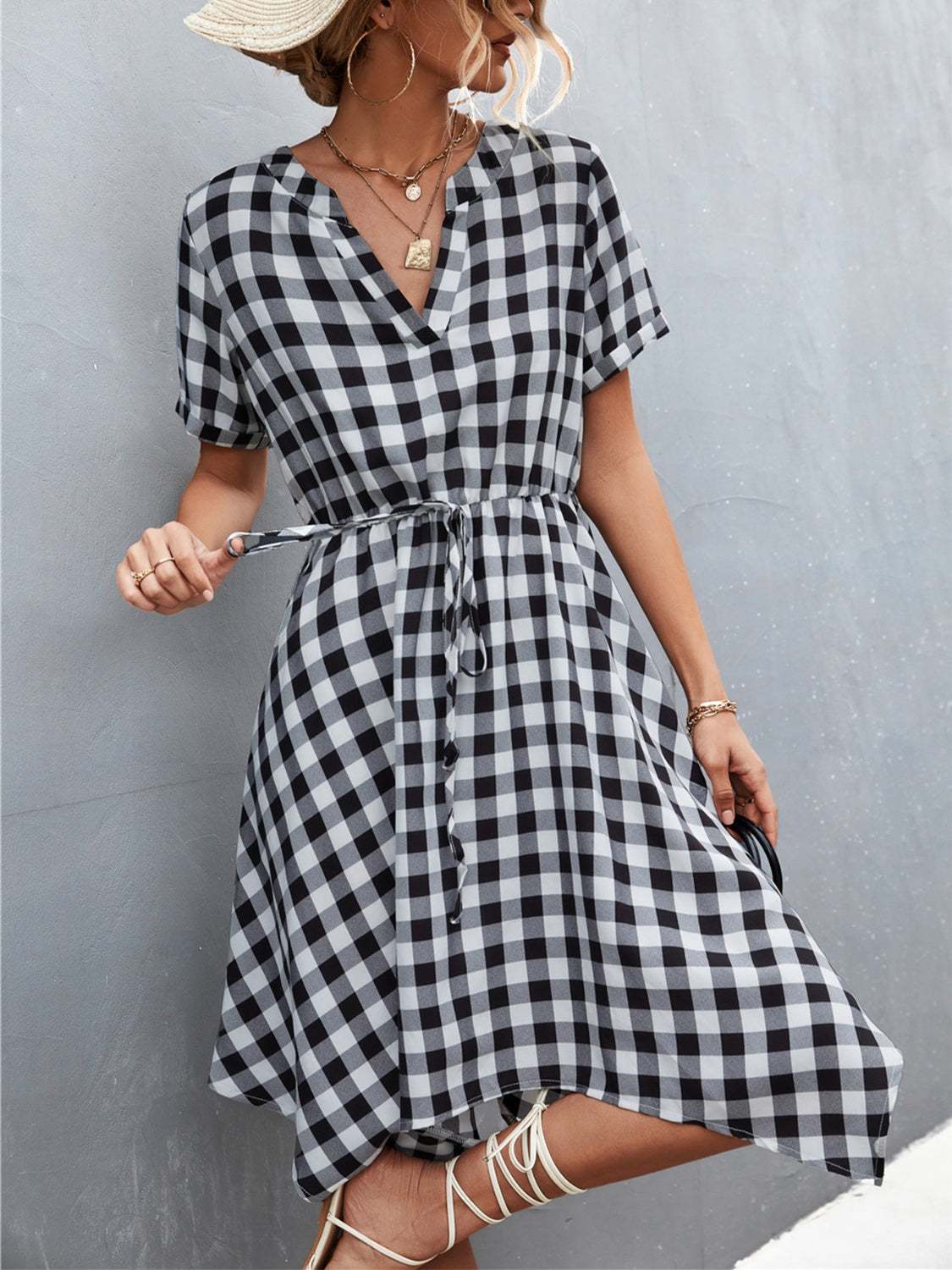 Plaid Notched Short Sleeve Dress Trendsi