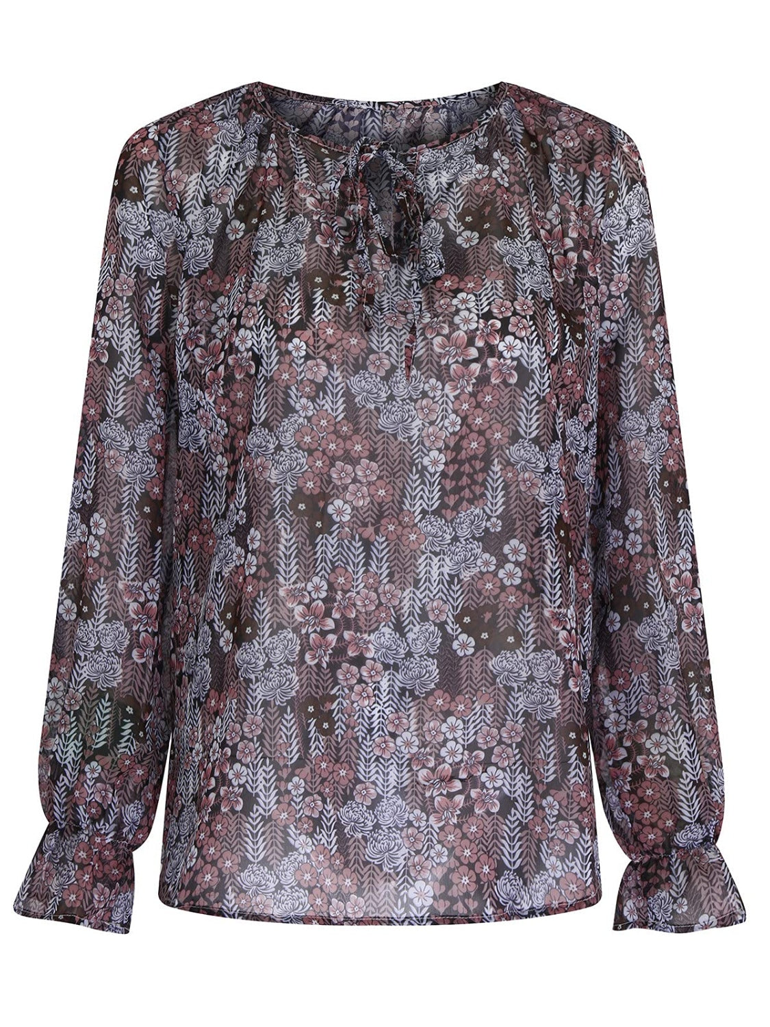 Printed Tie Neck Long Sleeve Blouse - Flyclothing LLC