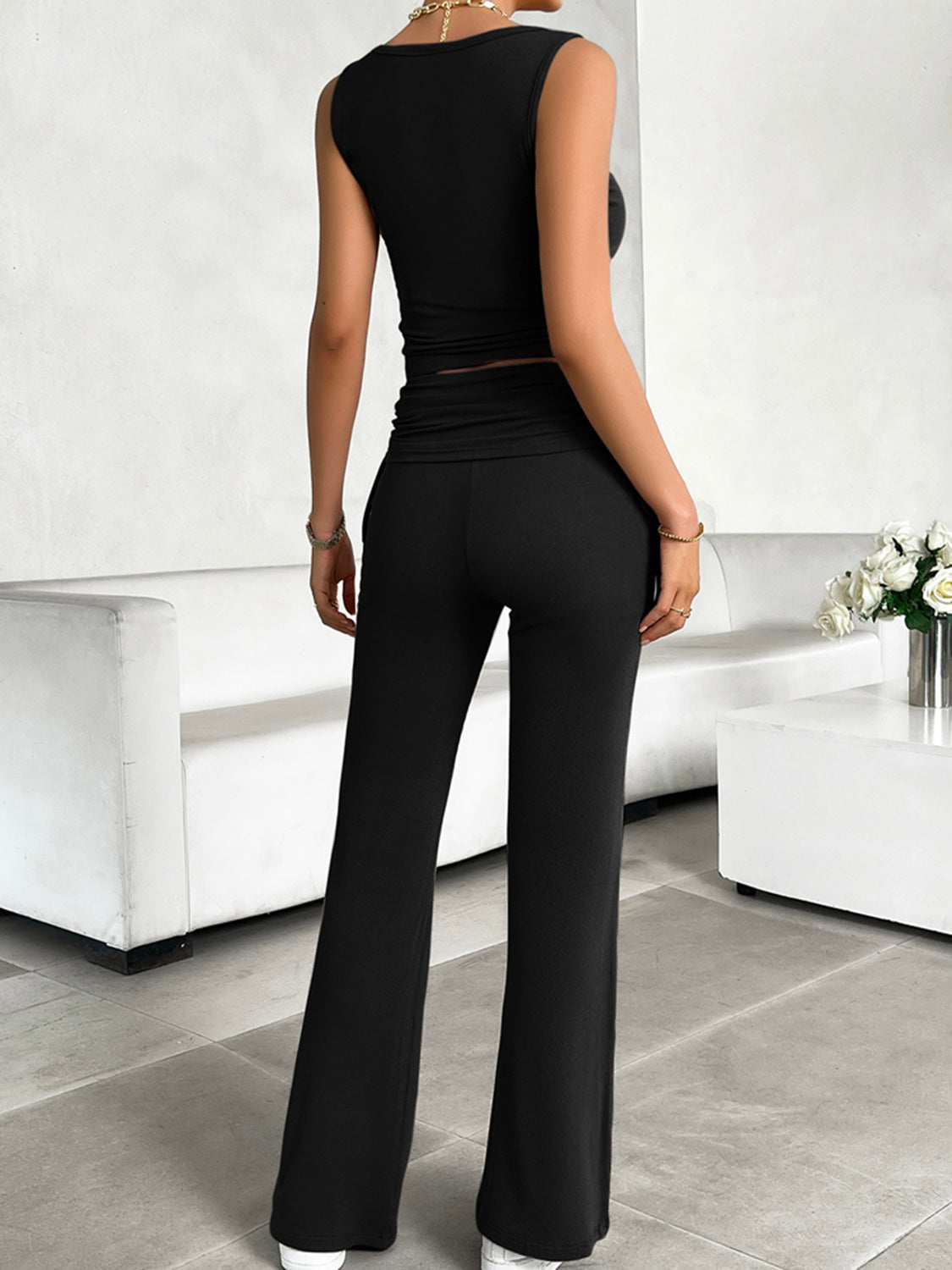 Ribbed Round Neck Tank and Pants Set Trendsi