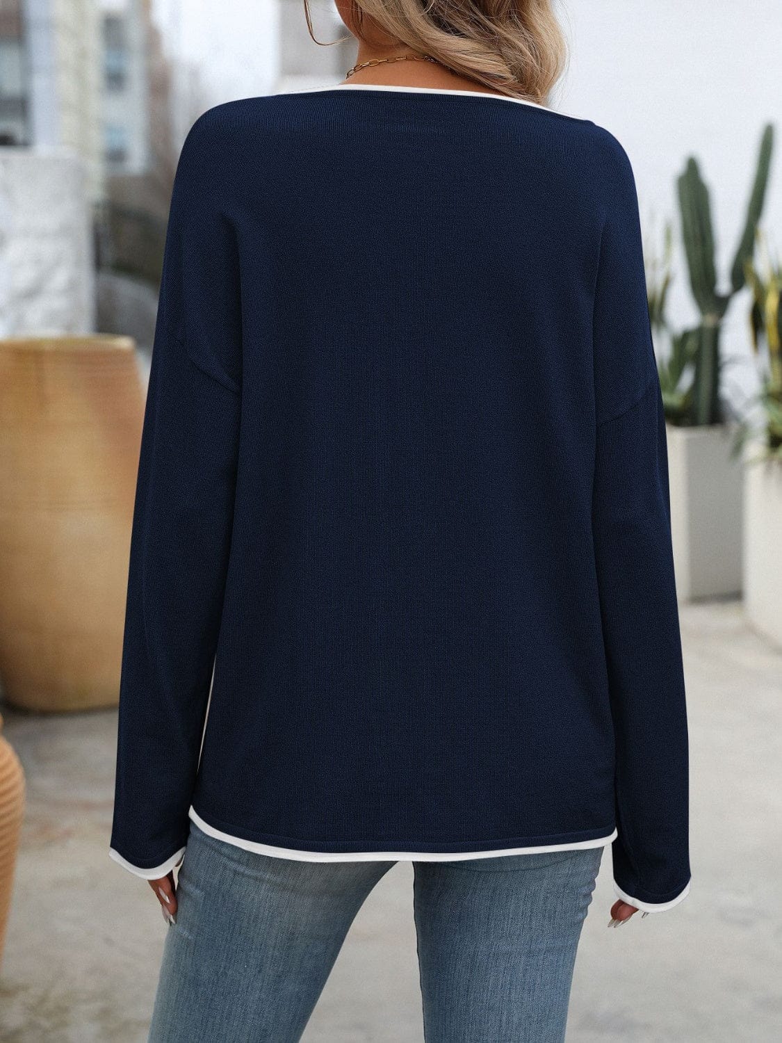 Contrast Trim Round Neck Long Sleeve Sweater - Trendsi