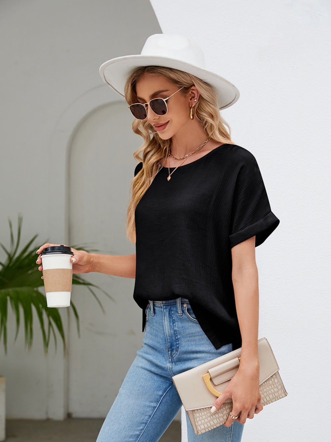 Round Neck Short Sleeve Blouse - Flyclothing LLC