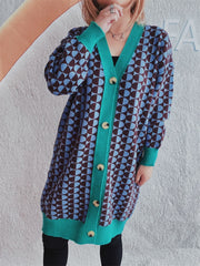 Contrast Trim Geometric Button Down Cardigan - Trendsi