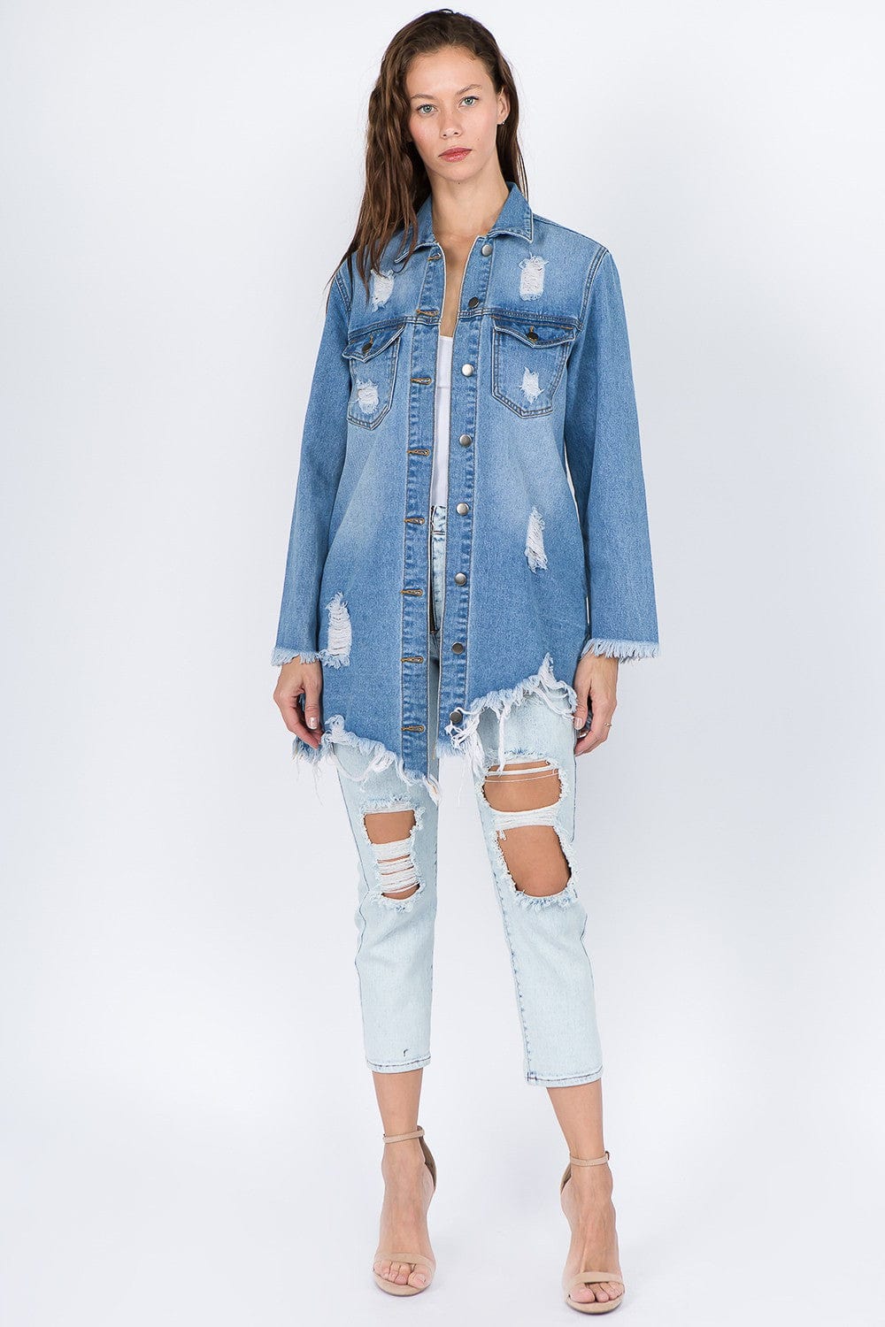 American Bazi Distressed Frayed Hem Denim Jacket - Trendsi