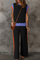 Contrast Round Neck Top and Pants Set Trendsi