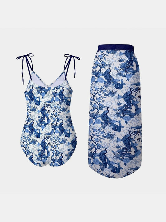 Printed Tie Shoulder Swimwear and Skirt Swim Set - Flyclothing LLC