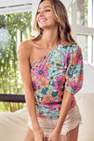 BiBi Floral Puff Sleeve One Shoulder Top - Trendsi