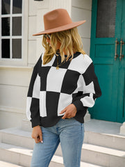 Angel Wings Checkered Round Neck Dropped Shoulder Sweater - Trendsi