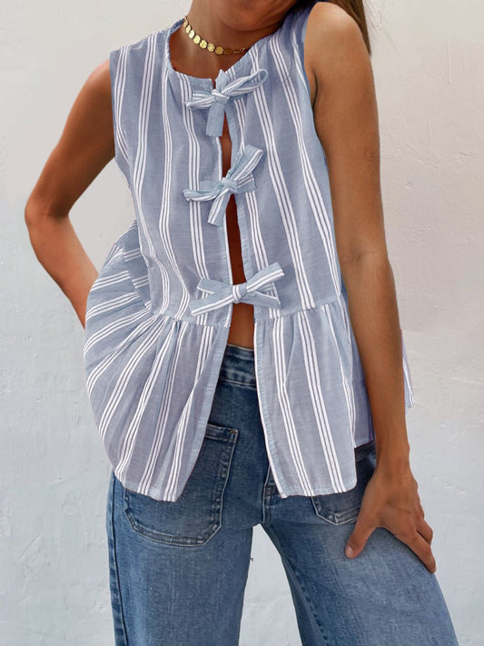 Tied Striped Round Neck Tank