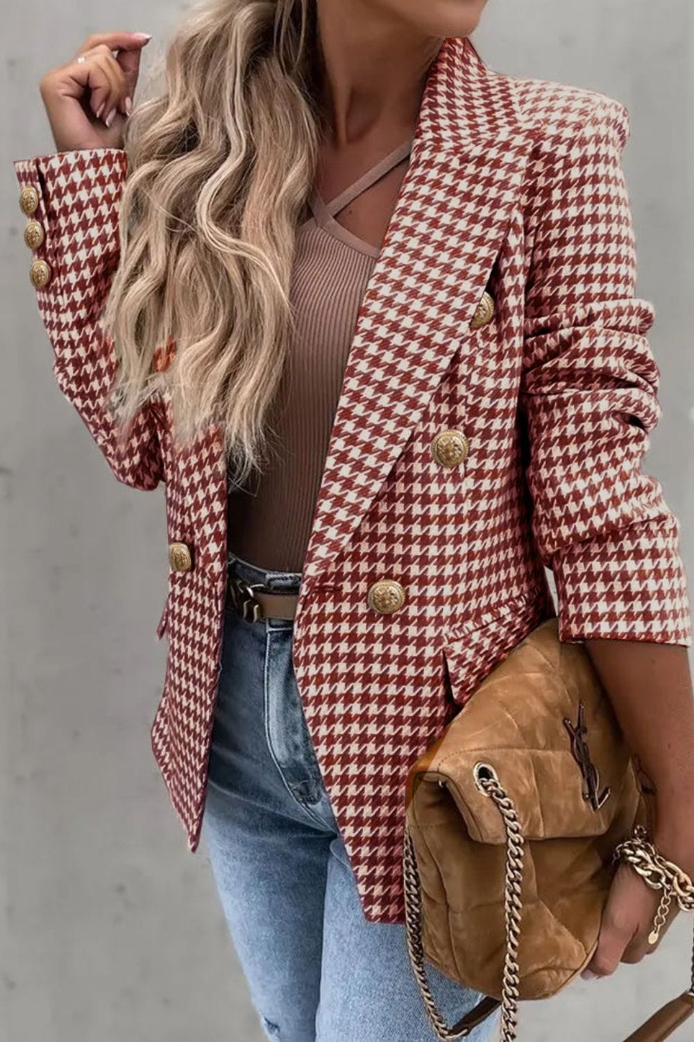 Houndstooth Collared Neck Double-Breasted Blazer - Trendsi