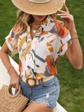 Printed Notched Short Sleeve Blouse - Flyclothing LLC