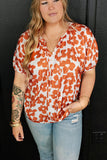 Plus Size Printed Tie Neck Short Sleeve Blouse - Flyclothing LLC