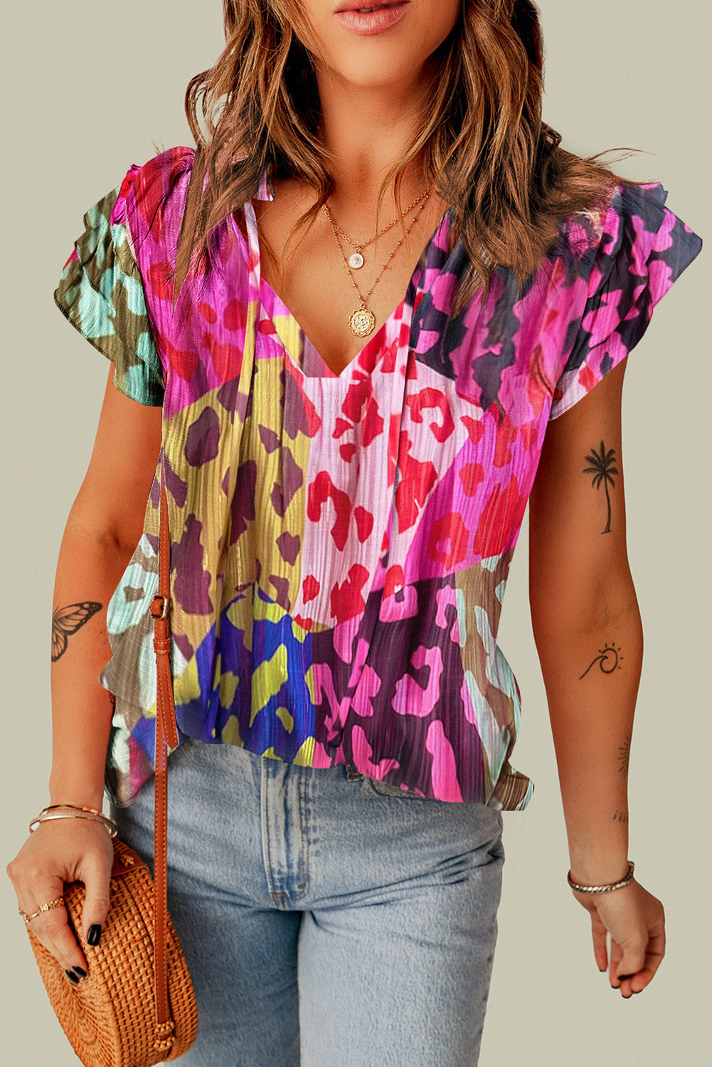 Ruffled Printed Tie Neck Cap Sleeve Blouse Trendsi