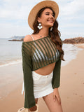 Openwork Boat Neck Long Sleeve Cover-Up - Flyclothing LLC