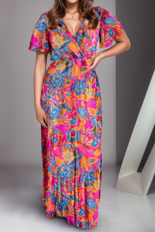 Printed Surplice Short Sleeve Maxi Dress Trendsi