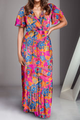 Printed Surplice Short Sleeve Maxi Dress Trendsi