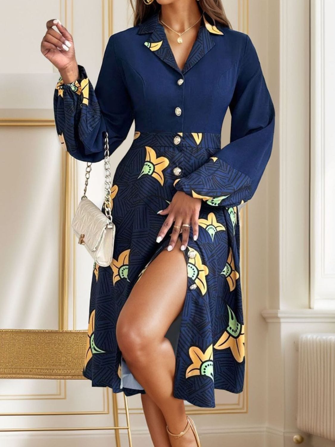 Printed Collared Neck Long Sleeve Dress - Trendsi