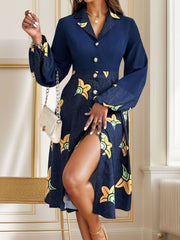 Printed Collared Neck Long Sleeve Dress - Trendsi