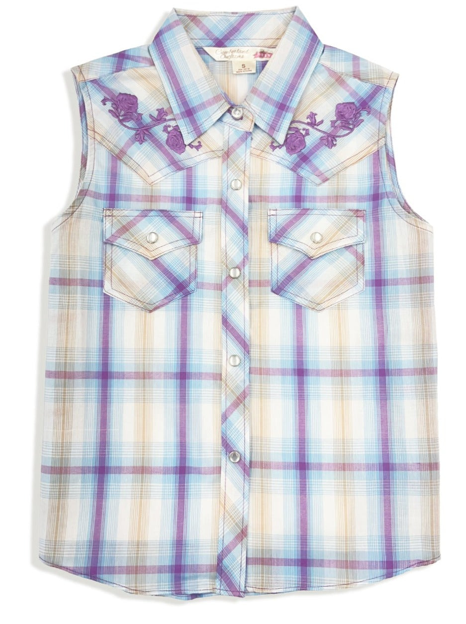 Girl's Ely Cattleman Plaid with Floral Embroidery Sleeveless Shirt