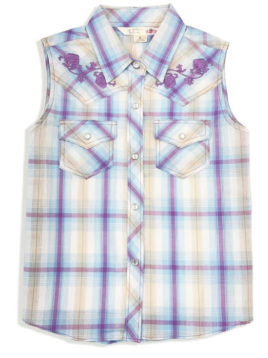 Girl's Ely Cattleman Plaid with Floral Embroidery Sleeveless Shirt