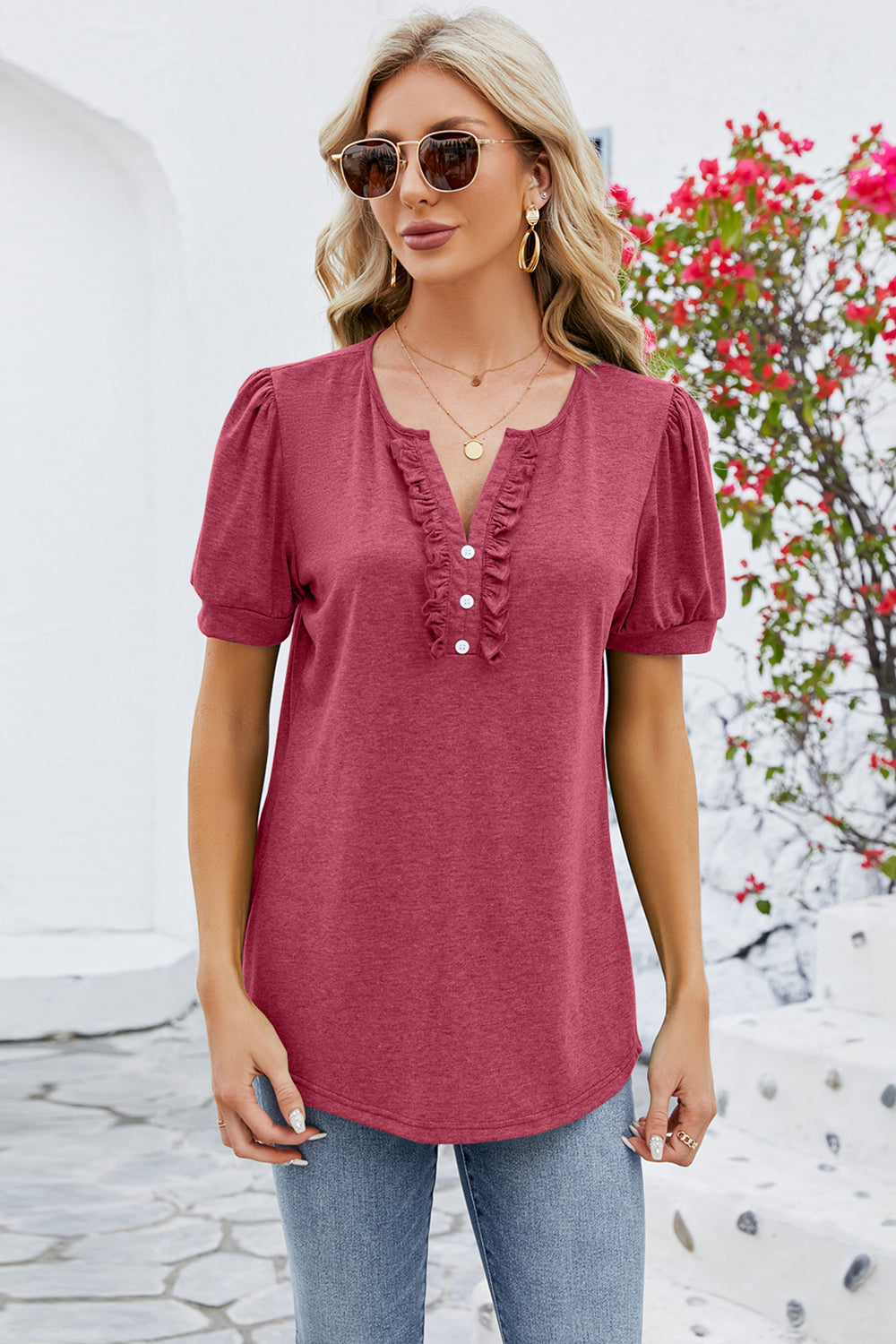 Frill Notched Short Sleeve Blouse - Flyclothing LLC