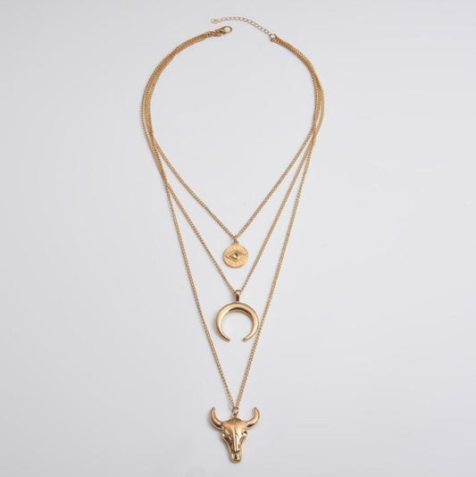 Alloy Three-Layered Bull Head Pendant Necklace - Trendsi