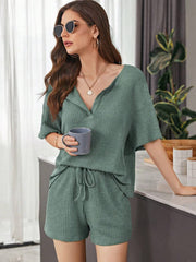 Full Size Waffle-Knit Dropped Shoulder Top and Shorts Set - Trendsi