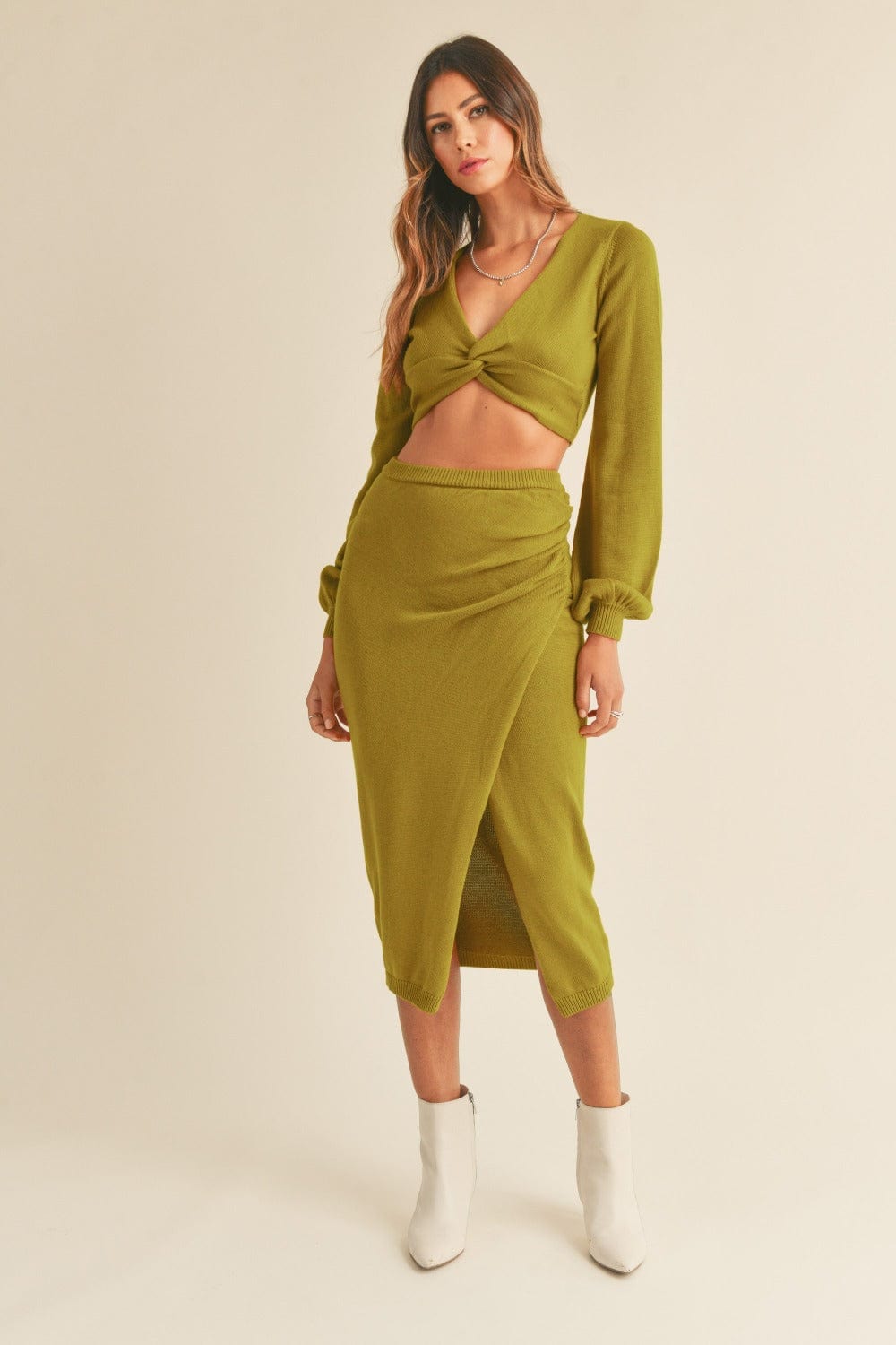 MABLE Front Twisted Knit Top and Midi Skirt Set - Trendsi