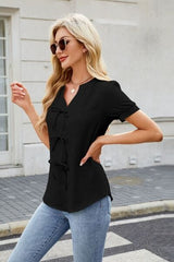 Bow Notched Short Sleeve Blouse - Trendsi