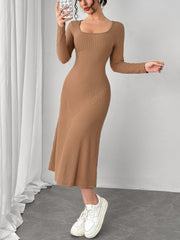 Square Neck Long Sleeve Midi Wrap Dress