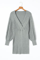 Cable-Knit Surplice Lantern Sleeve Sweater Dress