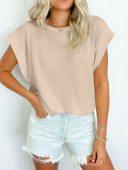 Textured Round Neck Cap Sleeve Blouse Trendsi