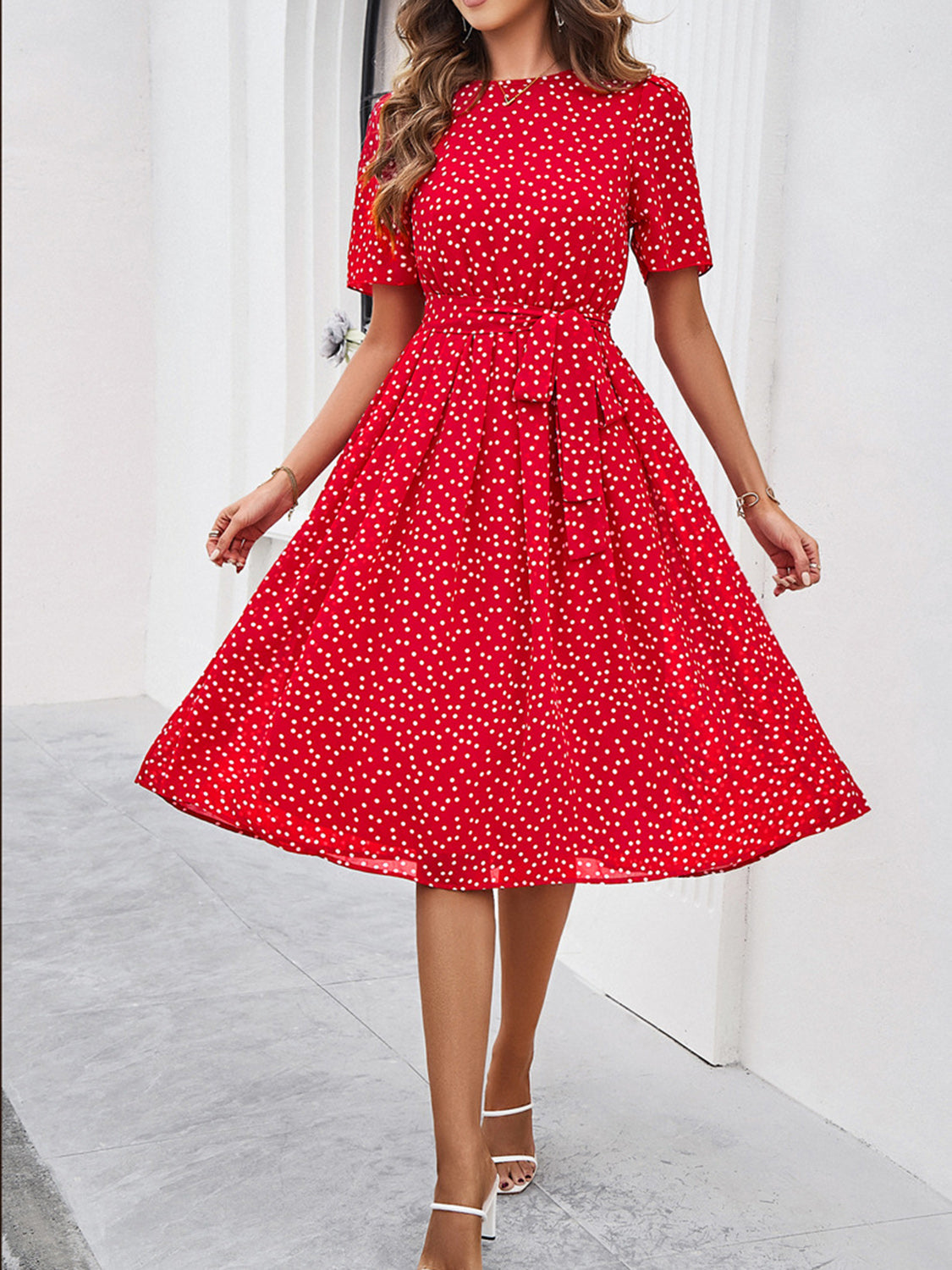 Printed Round Neck Short Sleeve Dress Trendsi