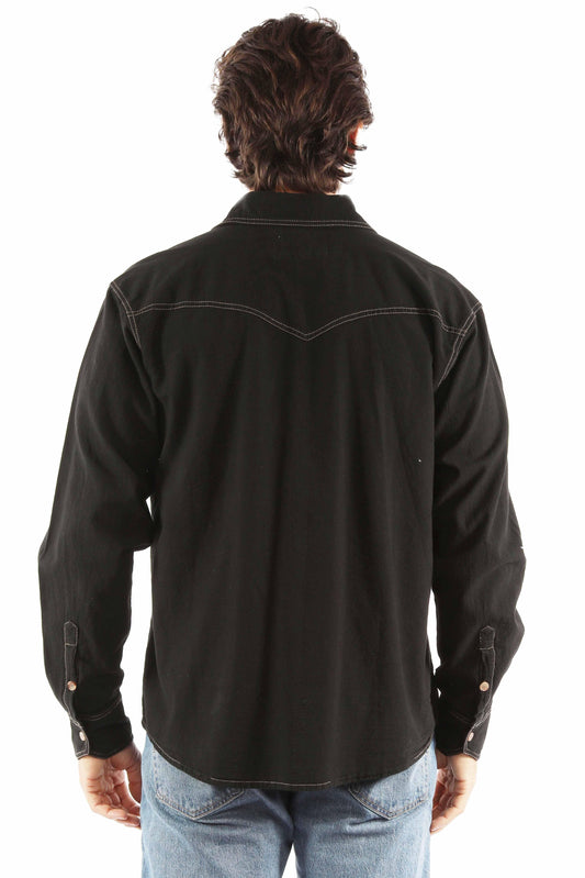 farthest point black 100% cotton l/s button front w/contrast stitch