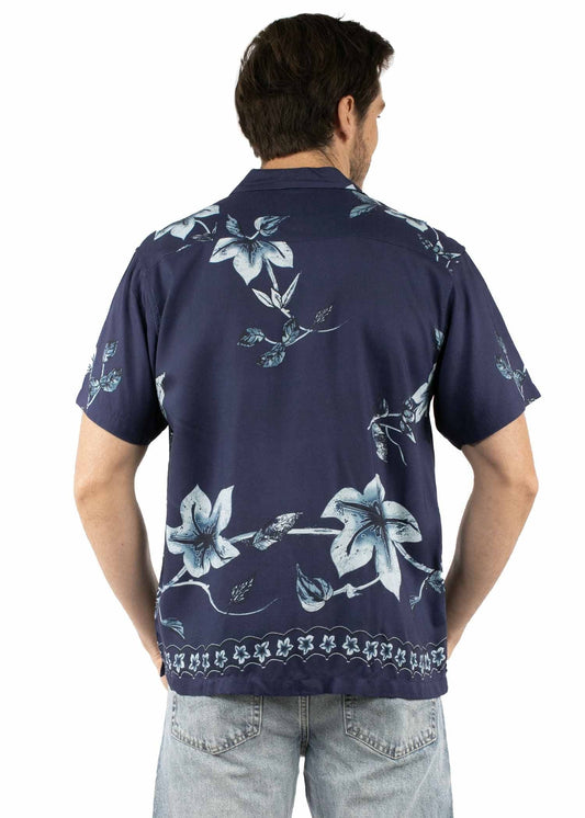 farthest point navy 100% viscose s/s hawaiin orchid shirt