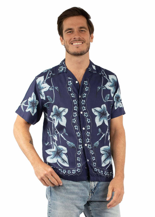 farthest point navy 100% viscose s/s hawaiin orchid shirt