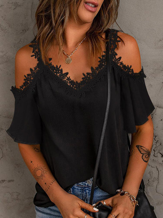 Lace Detail V-Neck Half Sleeve Blouse - Trendsi