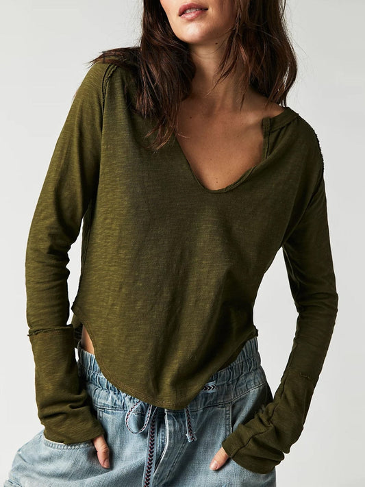 Exposed Seam Notched Long Sleeve T-Shirt - Trendsi