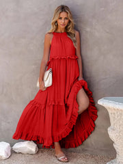 Ruffled Sleeveless Tiered Maxi Dress with Pockets Trendsi