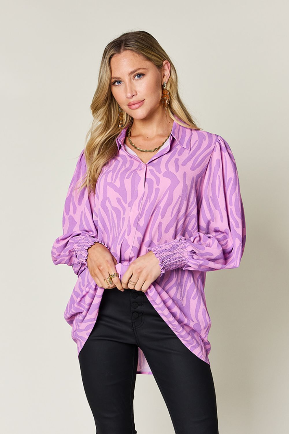 Double Take Full Size Printed Smocked Long Sleeve Blouse - Flyclothing LLC