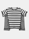 Full Size Contrast Stitching Striped Round Neck T-Shirt