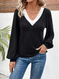 Contrast V-Neck Long Sleeve T-Shirt - Trendsi