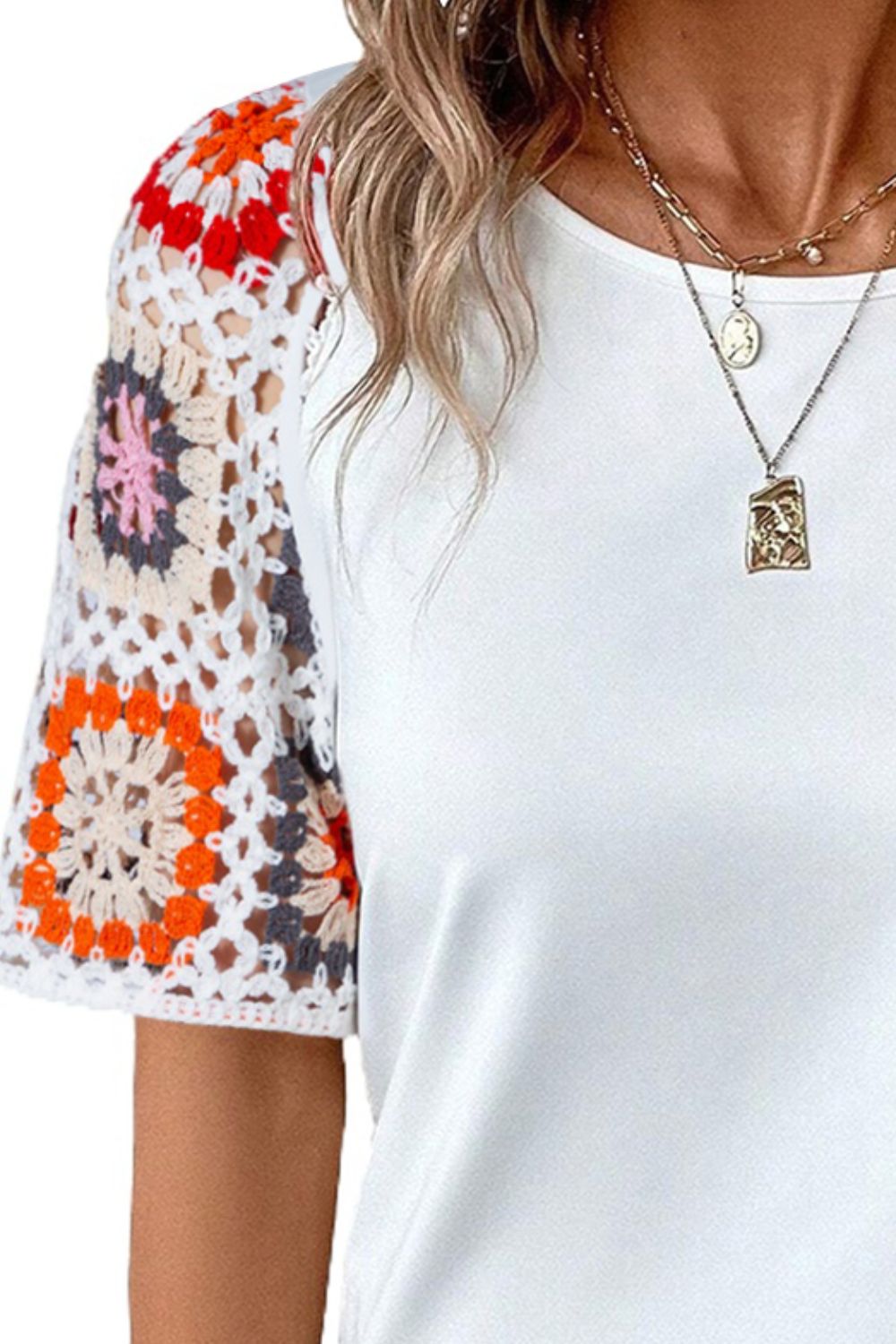 Geometric Round Neck Short Sleeve Blouse Trendsi