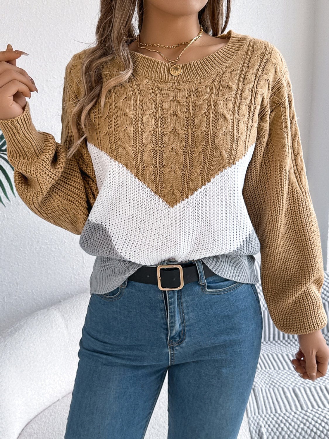 Cable-Knit Color Block Round Neck Sweater - Trendsi