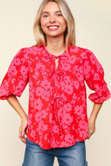 Haptics Full Size Ribbon Bow Floral Balloon Sleeve Blouse