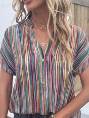 Striped Notched Short Sleeve Blouse Trendsi