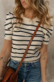 Striped Round Neck Puff Sleeve Knit Top - Flyclothing LLC