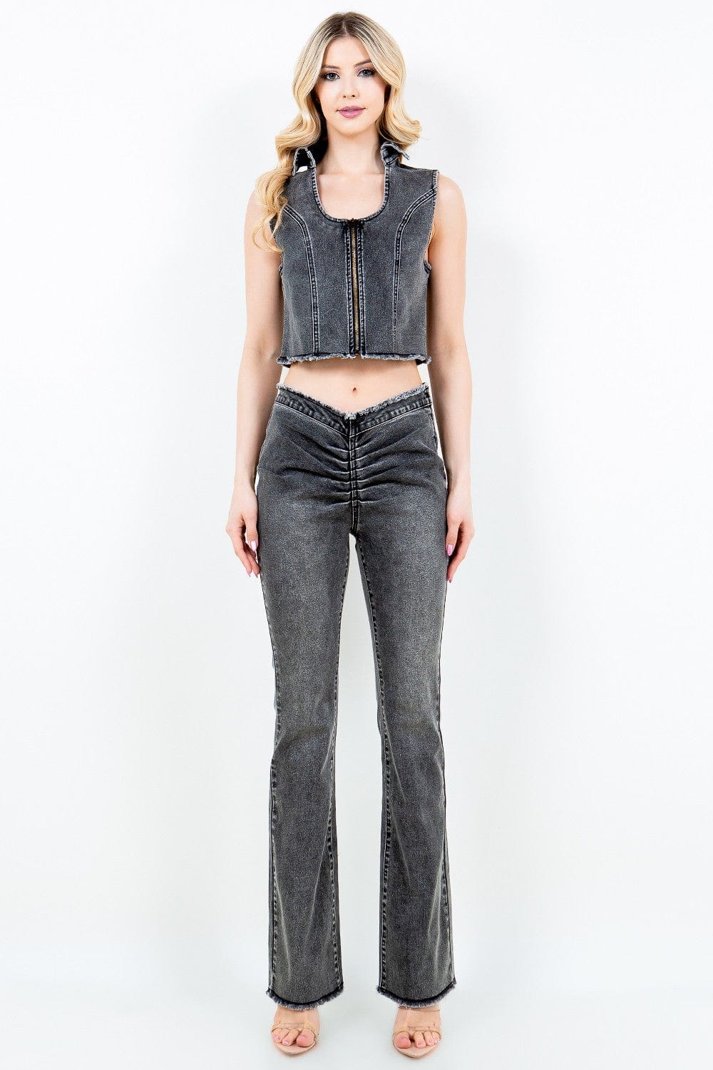 American Bazi Zip Up Washed Crop Denim Vest - Trendsi